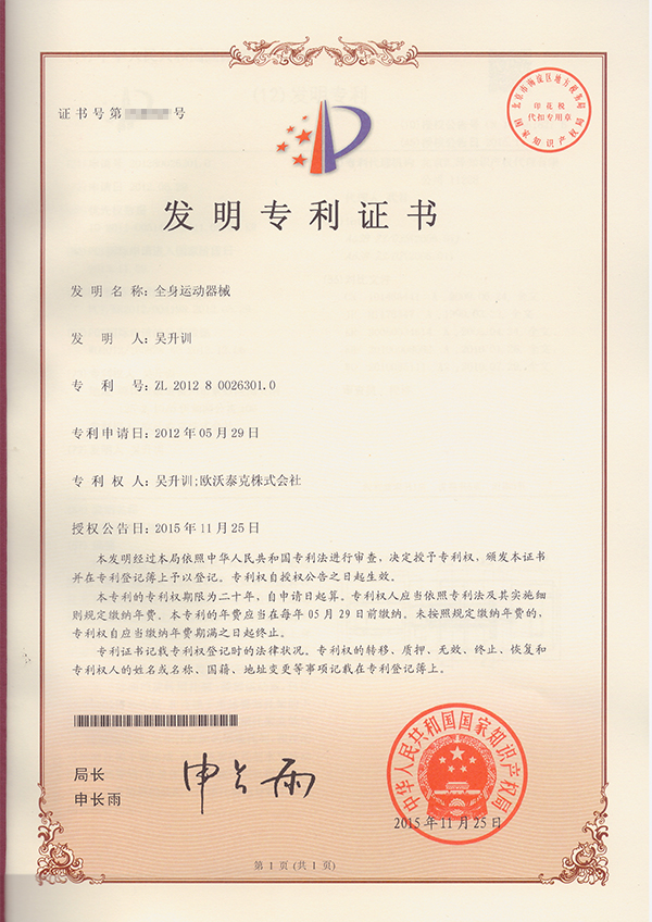 Registered patent of Whole body sports equipment for overseas China